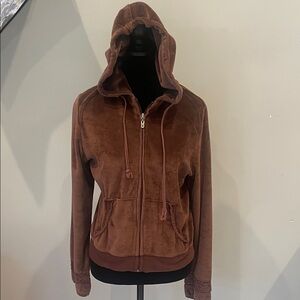 Brown Hooded Womens zip up jacket velvet looks